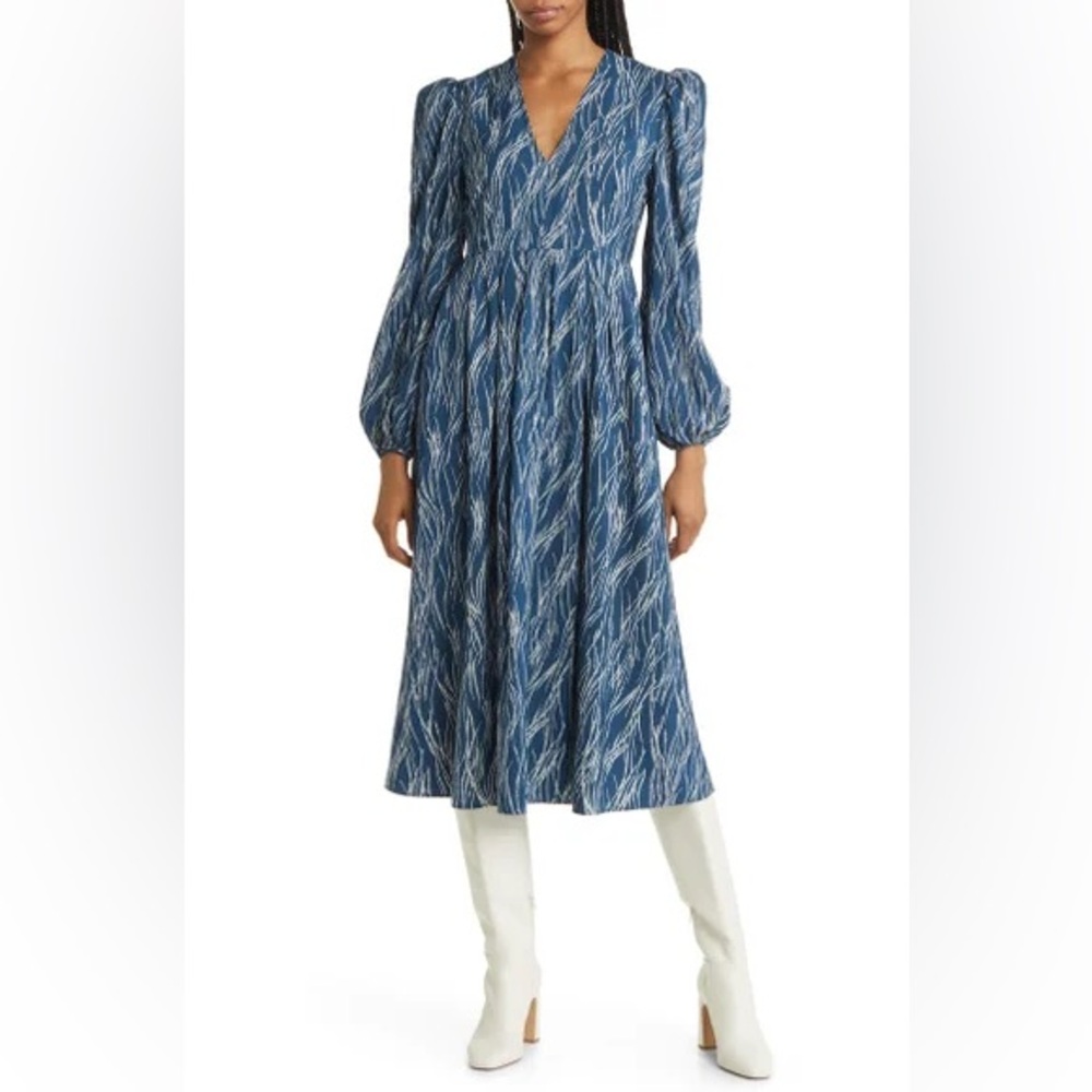 Beautiful Chelsea 28 Faux Wrap Dress Pleat Puff Shoulder Long Sleeve Blue &White